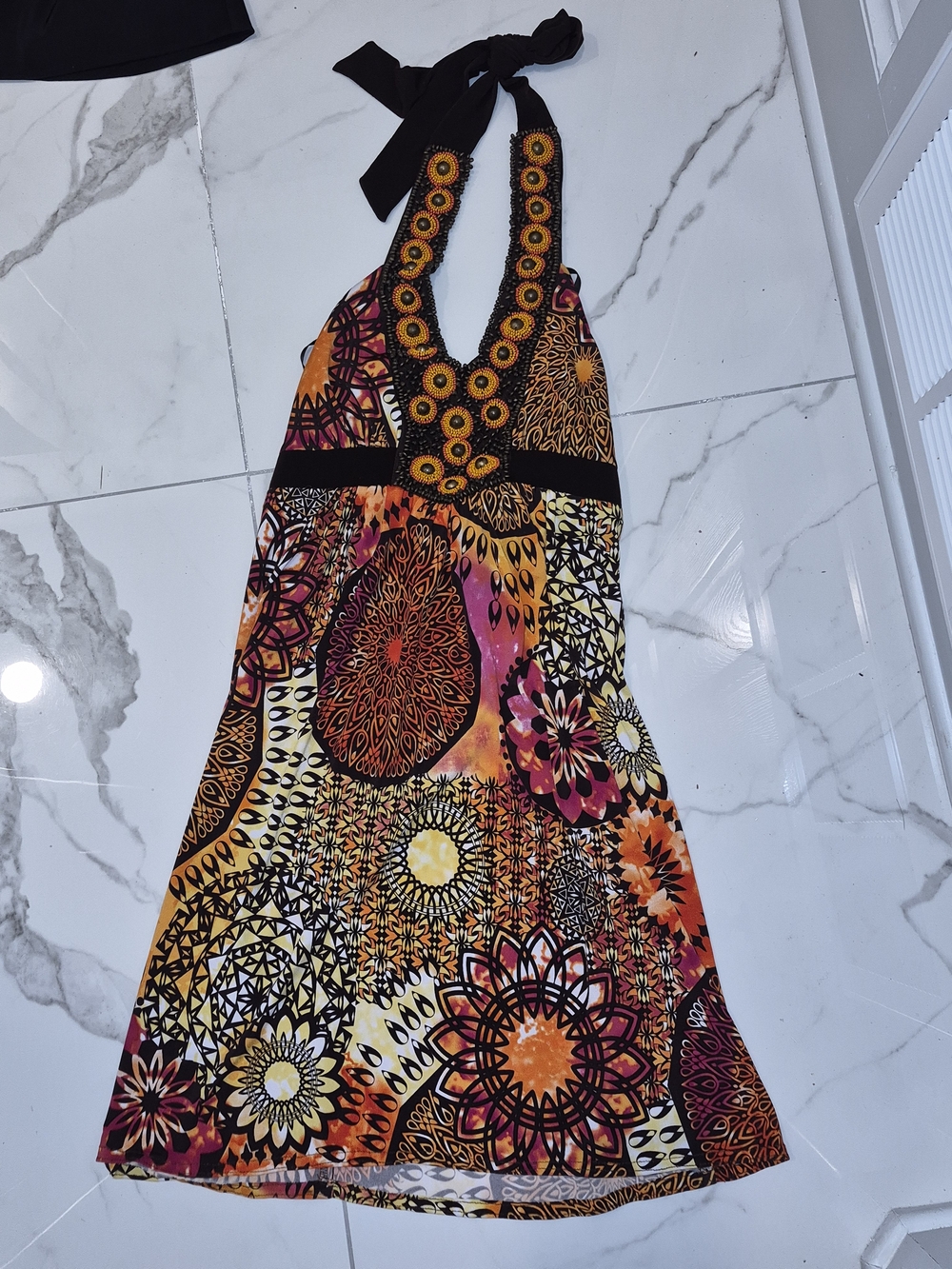 B Darlin Halter Dress in Orange, Black, Yellow